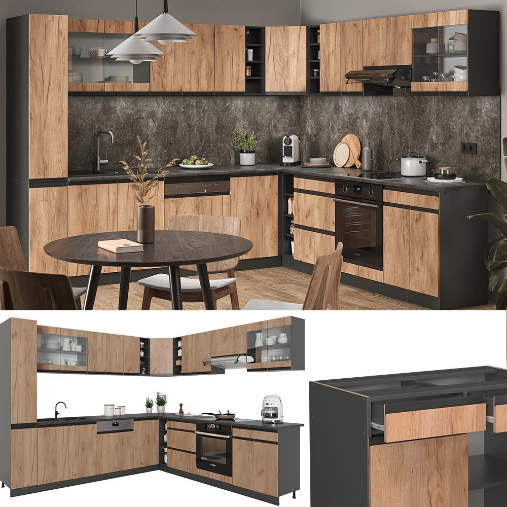 Cucina angolare completa R-Line Rovere dorato/Antracite 277 x 257 cm J-Shape, PL Rovere Vicco