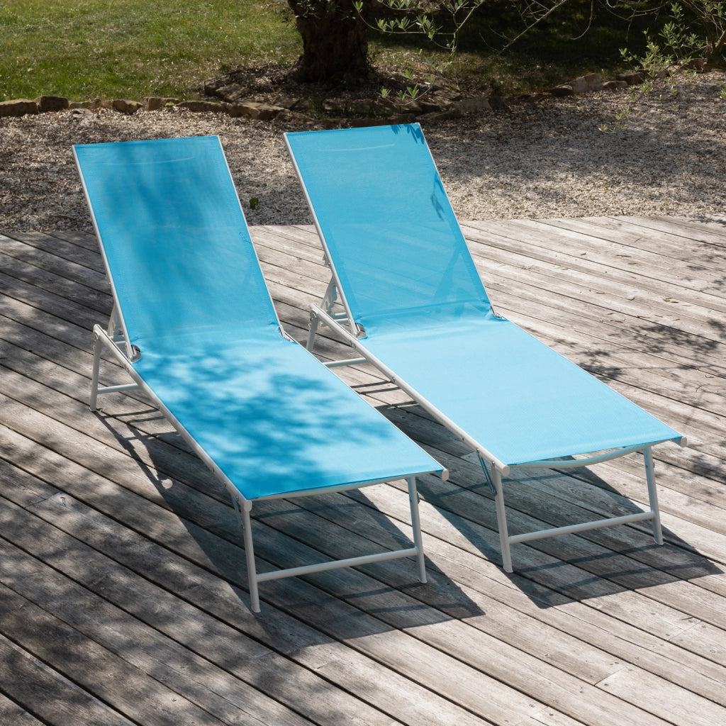 Set di 2 lettini pieghevoli SICILIA in textilene blu - struttura bianca