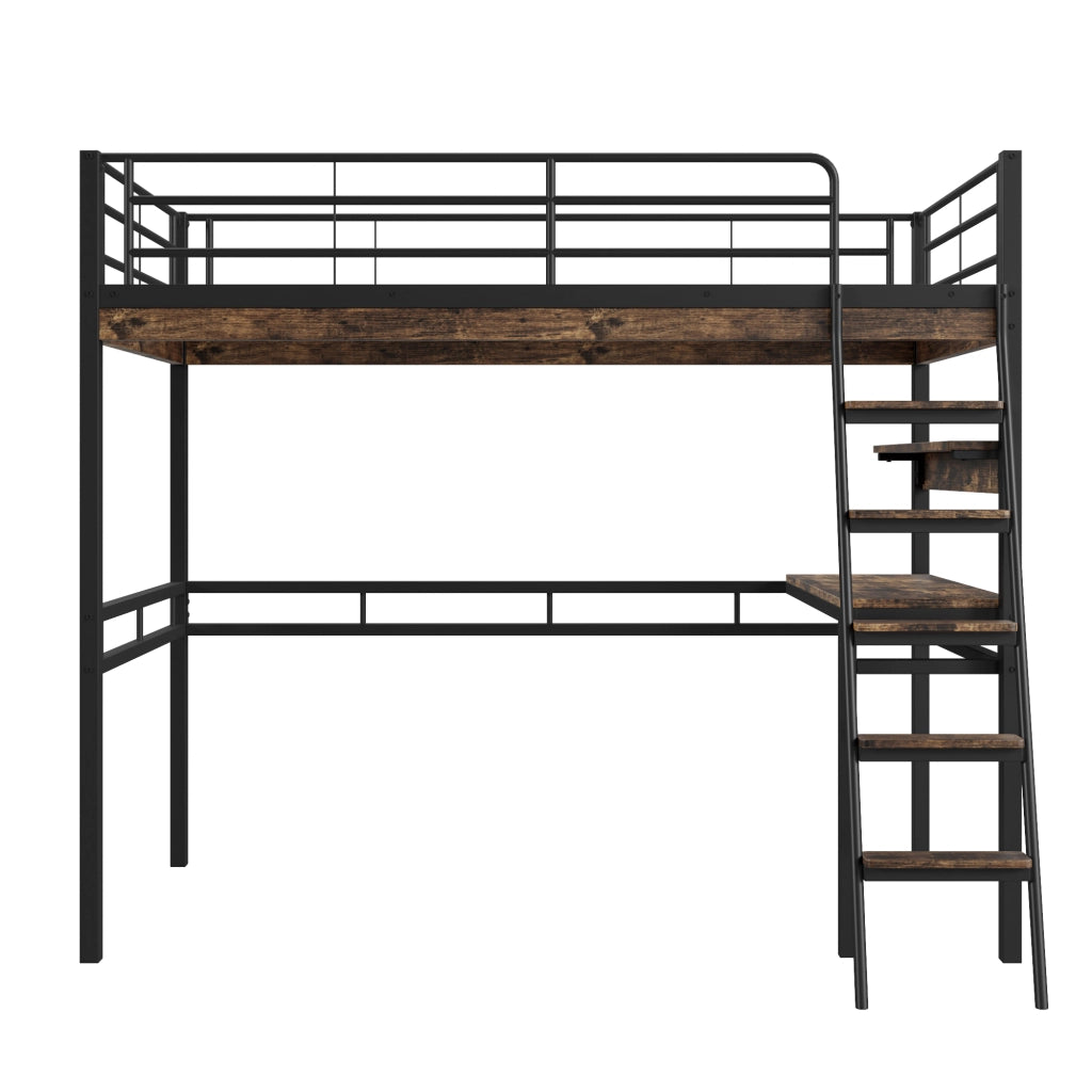 Letto a castello nero con scrivania e scaffali in metallo e mdf 90x200 cm