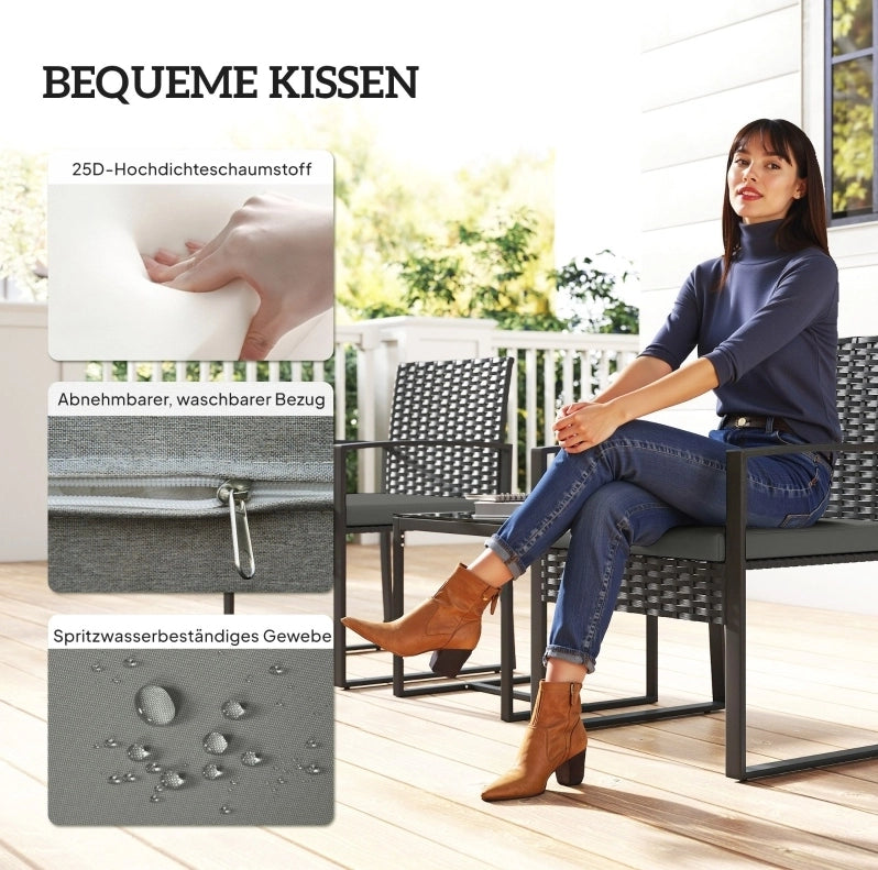 Set da giardino in rattan 3 pezzi con 2 poltrone e tavolino con cuscini sfoderabili grigio scuro