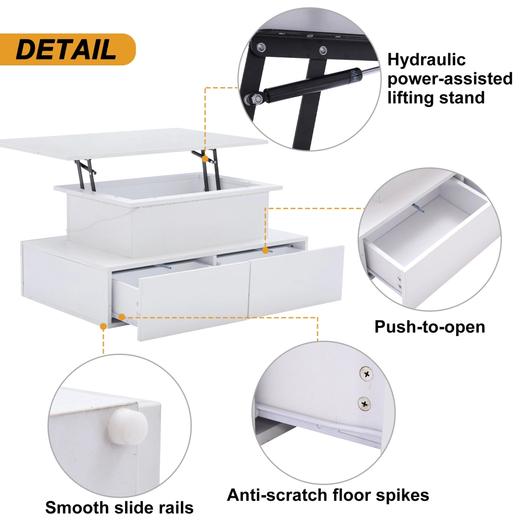 Tavolino Da Salotto con LED e 4 Cassetti; Piano Scorrevole; Bianco Lucido; Stile Moderno; in Pannelli di Particelle; Bianco