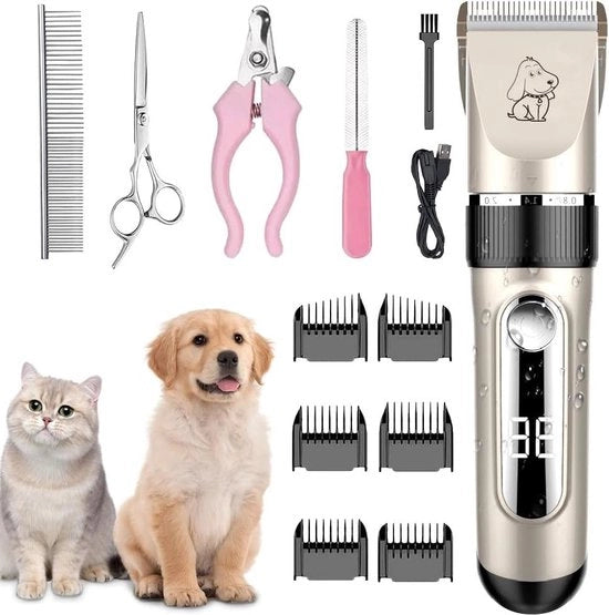 Elettrotruccatore professionale per animali, caricabile via cavo, per gatti e cani, IPX7 impermeabile, con 6 lame guida.
