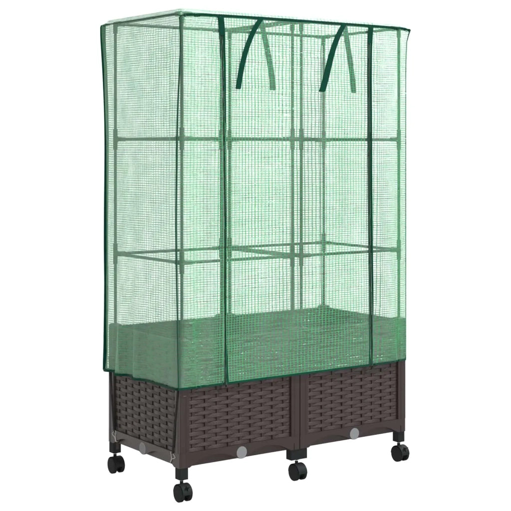 Vaso da Giardino con Copertura per Serra e Ruote 2 pz Marrone 3422979