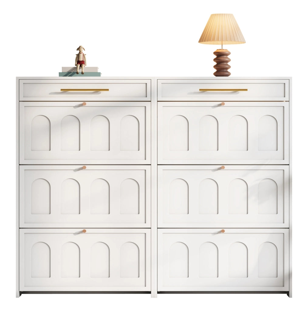 Scarpiera moderna bianca 140x25x123;5 cm in MDF con 12 ripiani aperti e 2 cassetti