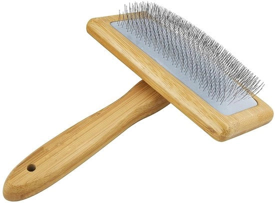 Aspirapelo per animali - Borsetta per cani e gatti - Borsetta di cura - Setole in acciaio inossidabile - Manico in legno ergonomico - Adatto per capelli lunghi/corti