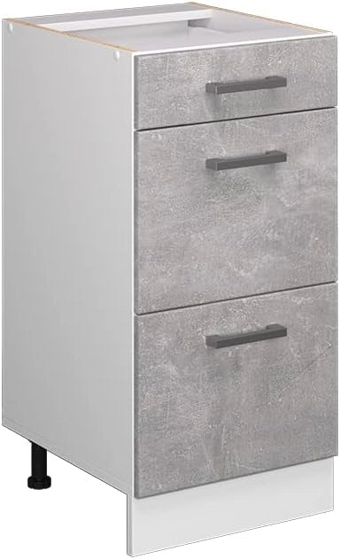 Mobiletto base per cucina R-Line, Calcestruzzo, 40 cm con cassetti, senza piano di lavoro, per la libera combinazione all'interno di sistemi cucina modulari