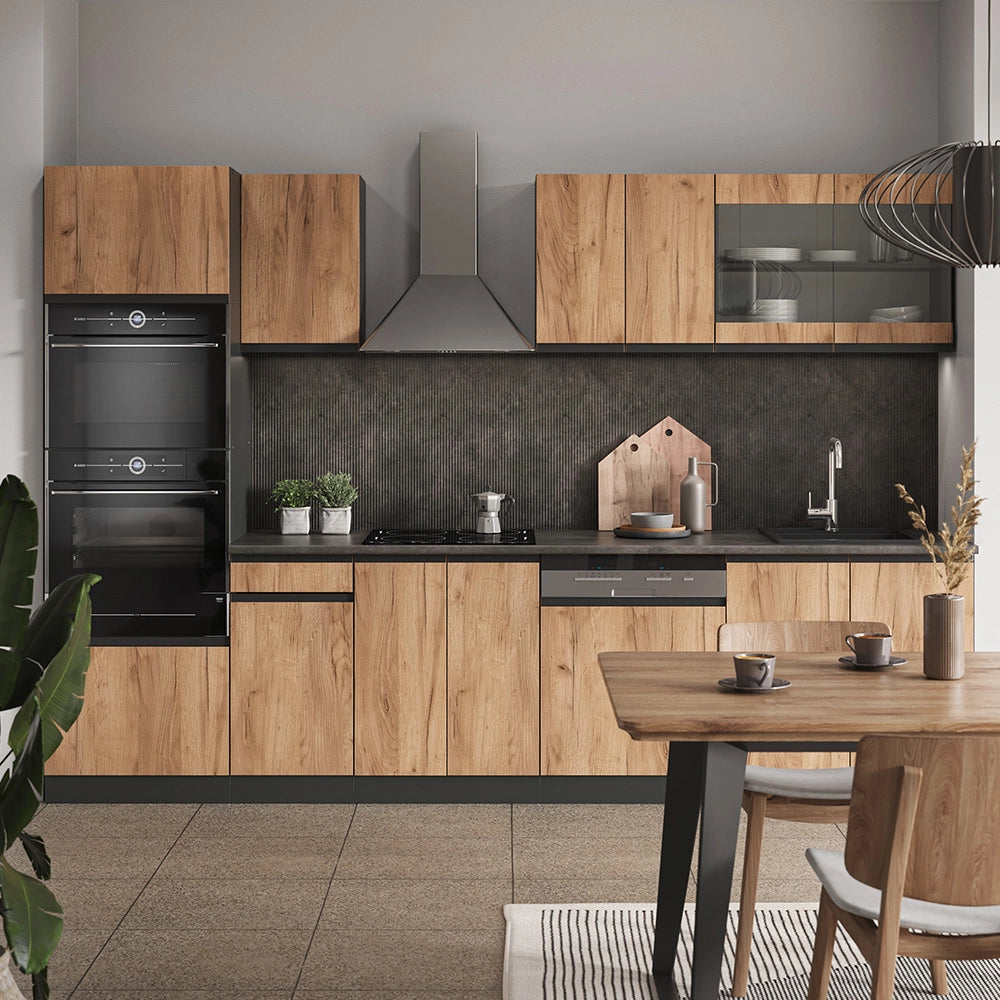 Cucina componibile R-Line Rovere dorato/Antracite 300 cm J-Shape con armadio alto, PL Rovere Vicco