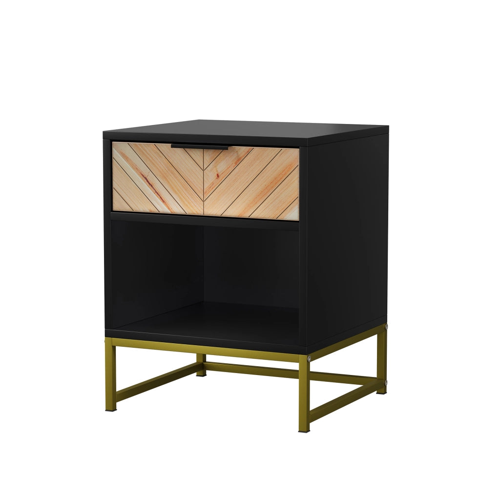 Comodino con 1 cassetto e 1 vano aperto per camera da letto soggiorno e salotto in MDF nero naturale 43 × 40 × 55 cm