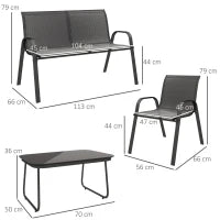 Set da Giardino con Divano 2 Posti, 2 Poltrone Impilabili e Tavolino in Vetro, Nero