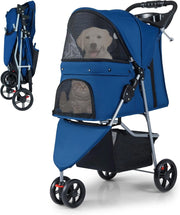 2 in 1 Passeggino per Cani, Carrozzina per Cani Pieghevole Facile con Portata Massima di 15 kg, 4 Ruote, Tetto Regolabile, Cuscino Rimovibile e Cestino Portaoggetti (Blu)