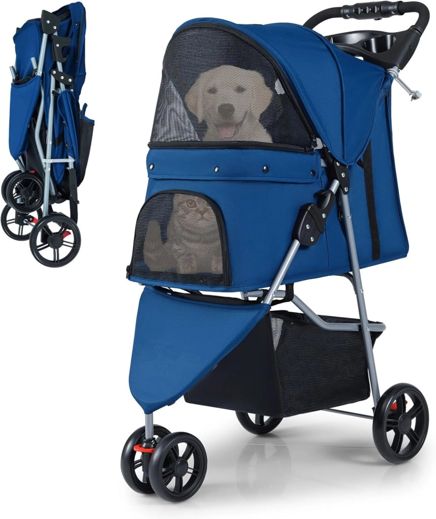 2 in 1 Passeggino per Cani, Carrozzina per Cani Pieghevole Facile con Portata Massima di 15 kg, 4 Ruote, Tetto Regolabile, Cuscino Rimovibile e Cestino Portaoggetti (Blu)