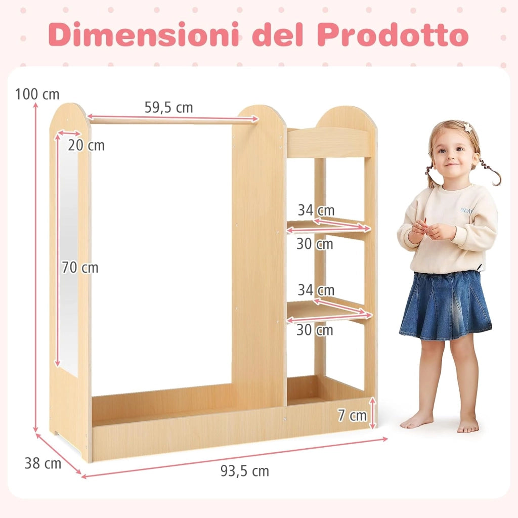 Guardaroba per Bambini in Legno, Mobile per Bambini con Specchio, Appendiabiti e Mensole, Armadio di Stoccaggio per Cameratta, 93,5 x 38 x 100 cm (Naturale)