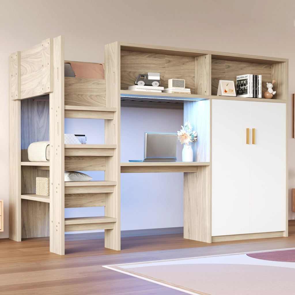 Letto a soppalco matrimoniale 90×200 cm con scrivania; armadio; ripiani e LED; rete inclusa; senza materasso