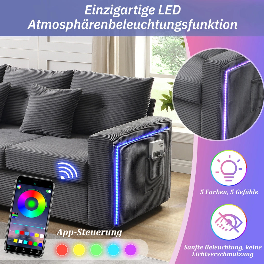 Divano ad angolo modulare con illuminazione LED e pouf versatile, con 2 cuscini, in tessuto corduroy grigio antico