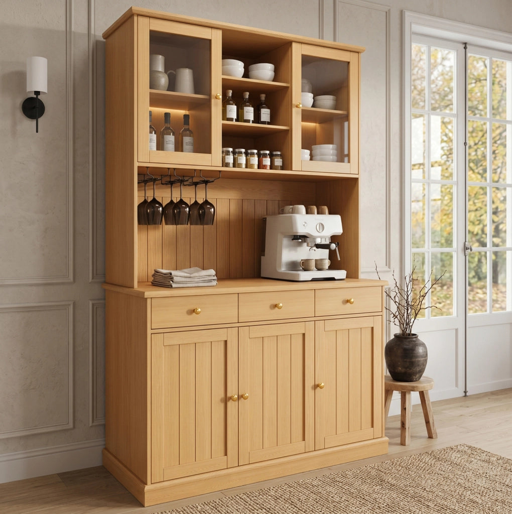 Credenza alta 120x40x191 cm con portabicchieri e prese integrate; truciolare; naturale