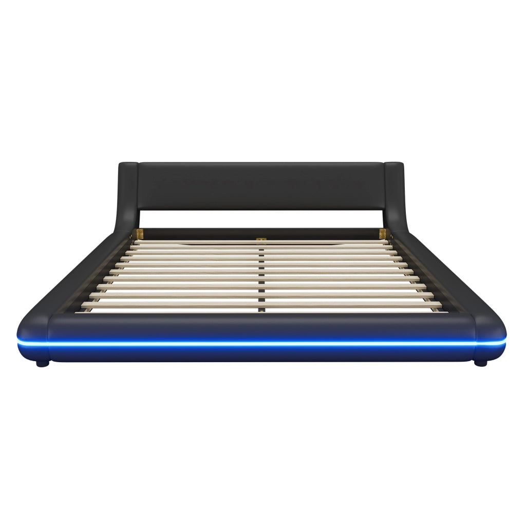 Letto basso a pavimento 160 x 200 cm in PU, luce ambiente LED - Nero
