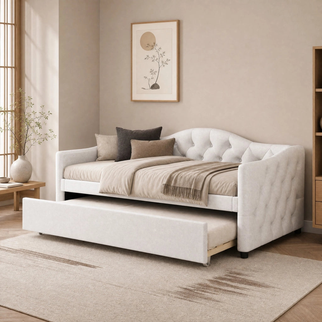 LETTO estraibile 90x200 cm beige in lino e MDF