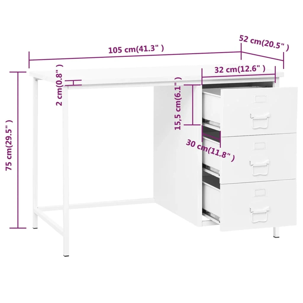 Scrivania da ufficio in stile industriale postazione computer scrivania da studio con cassetti 105 x 52 x 75 cm acciaio bianco 02_0023864