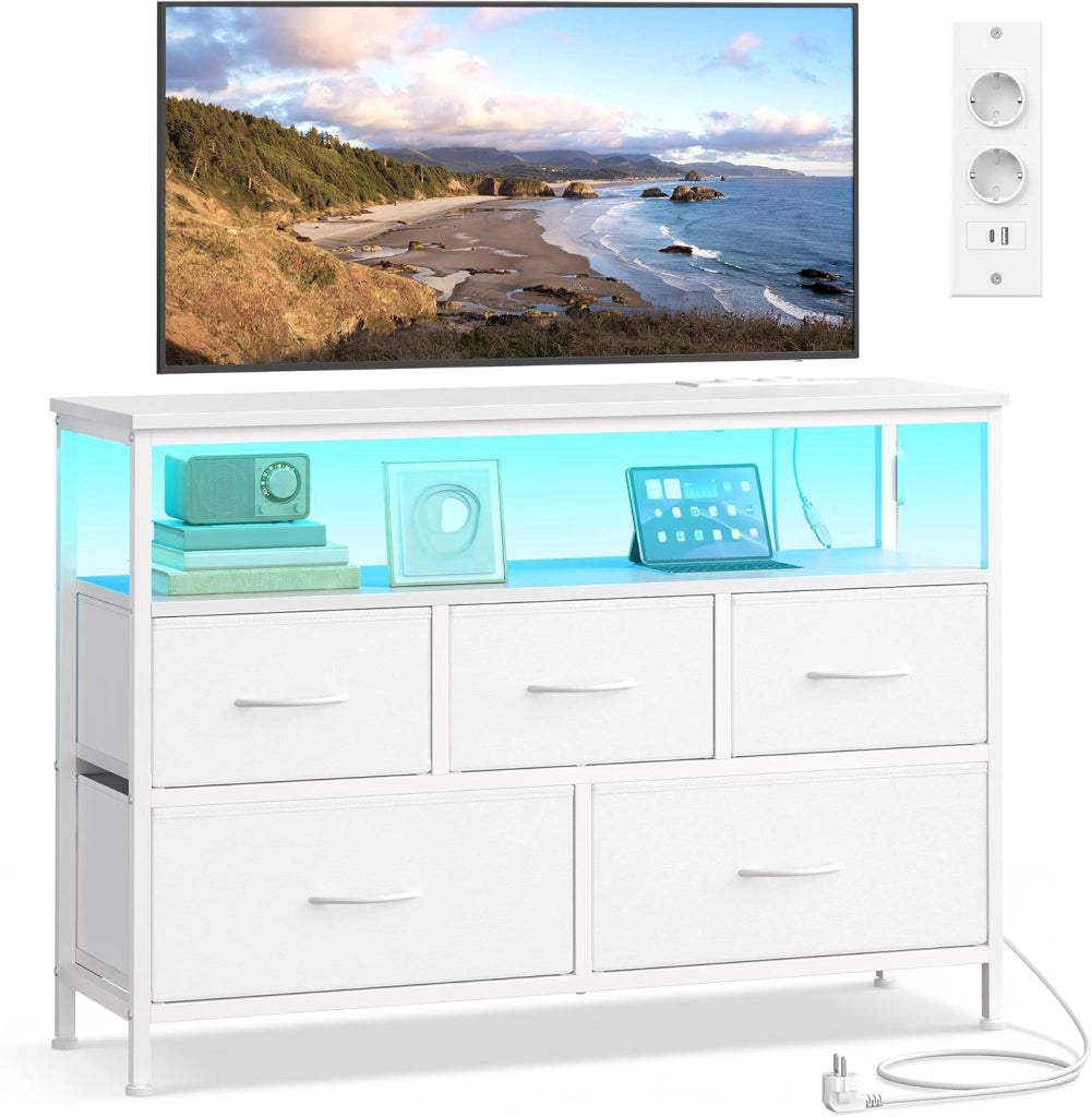 SONGMICS BELLAH Collezione - Cassettiera con LED Regolabile Controllato da APP, Mobile con Prese, 1 Ripiano, 5 Cassetti, Industriale, Marrone Vintage e Nero Inchiostro LGS723KD01