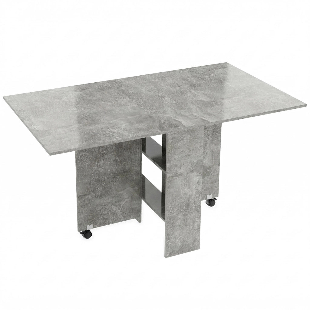 Tavolo da Pranzo Pieghevole 140x80x74 cm con Ripiani Ribalta e Ruote in Melamina Grigio Cemento