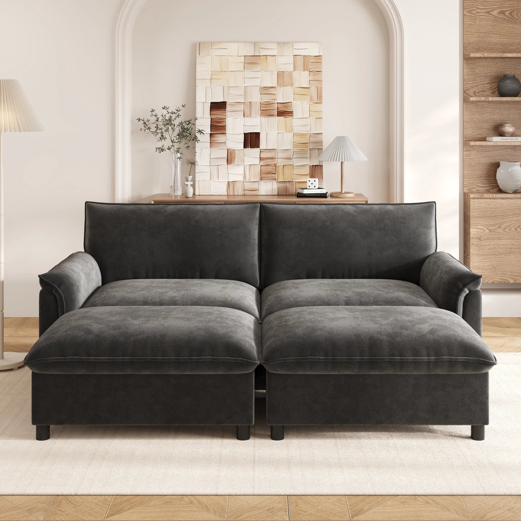 Divano modulare in chenille nero con pouf contenitore mobile, funzione letto temporanea, 216x77x82 cm