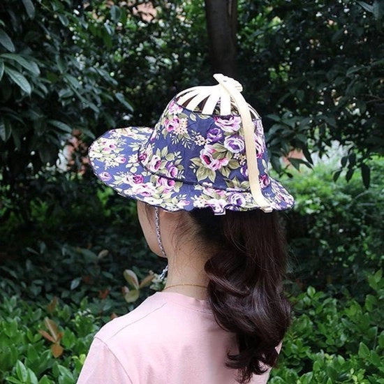 Ombrello per ventilatore portatile - telaio in bambù cinese stile - stampato a fiori - parasole