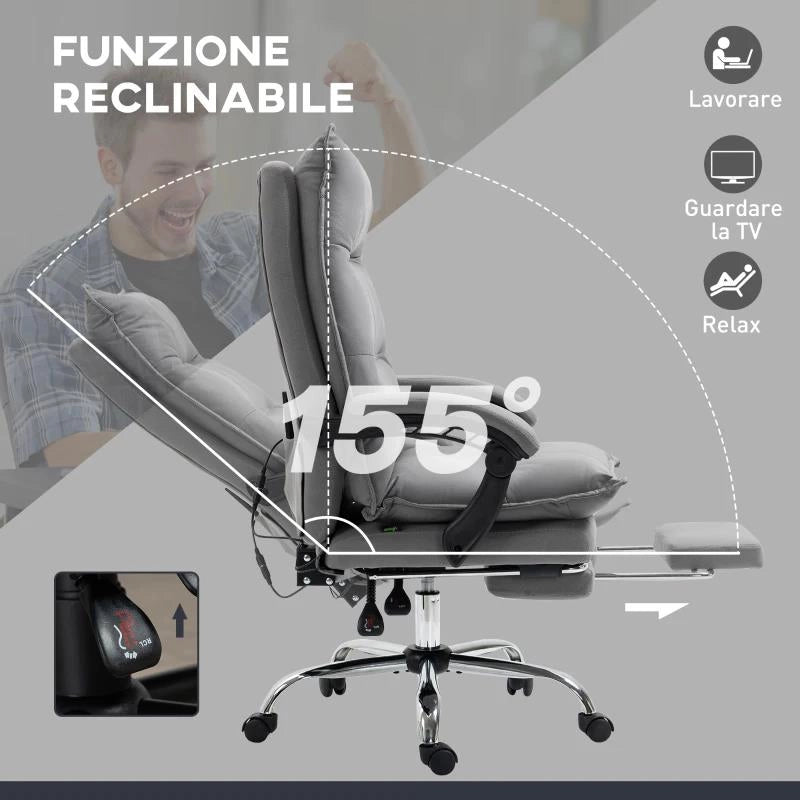 POLTRONA DA UFFICIO MASSAGGIANTE E RISCALDATA, RECLINABILE A 155¦ CON POGGIAPIEDI ESTENSIBILE, GRIGIO