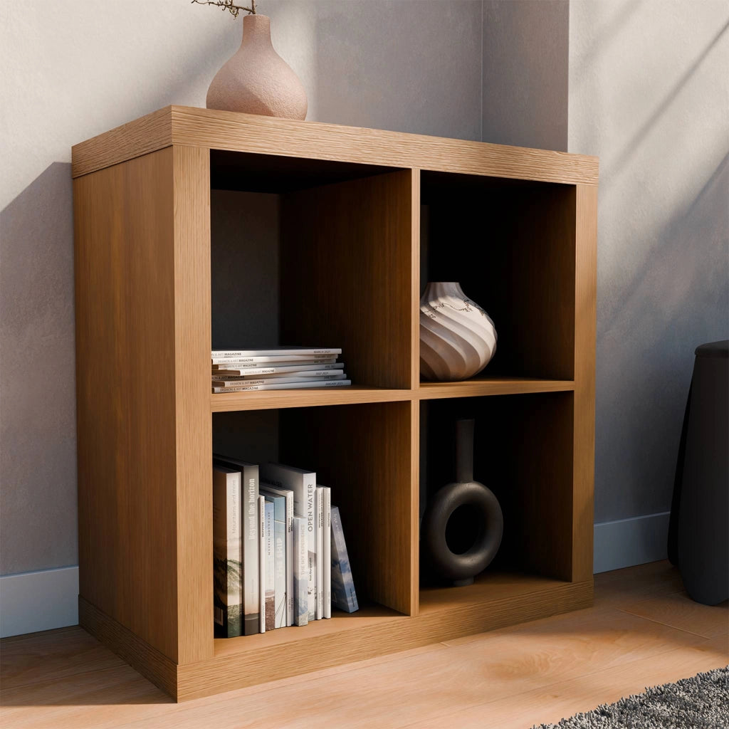 Libreria cubica, 2 livelli, 4 vani, effetto legno miele