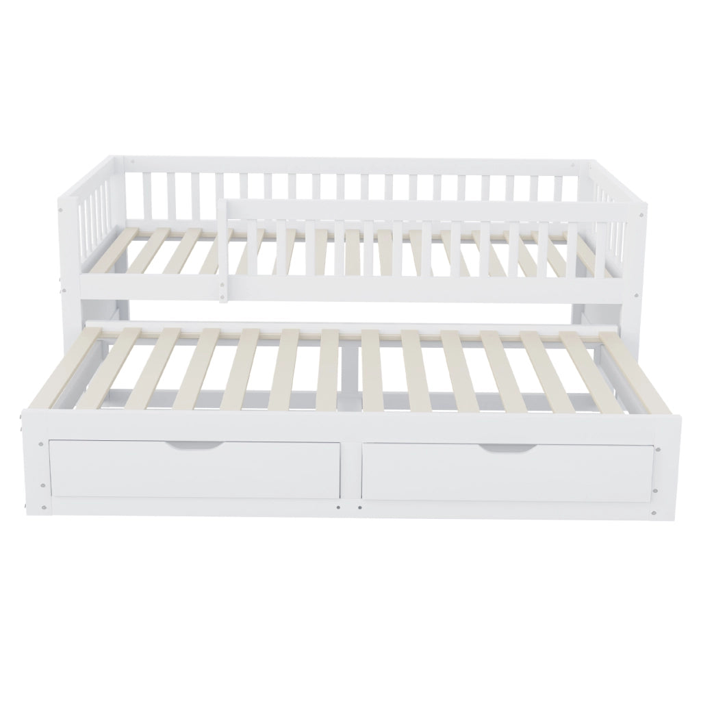 Letto estraibile singolo 90×200 cm con 2 cassetti; sponde di sicurezza e rete; senza materasso; legno; bianco