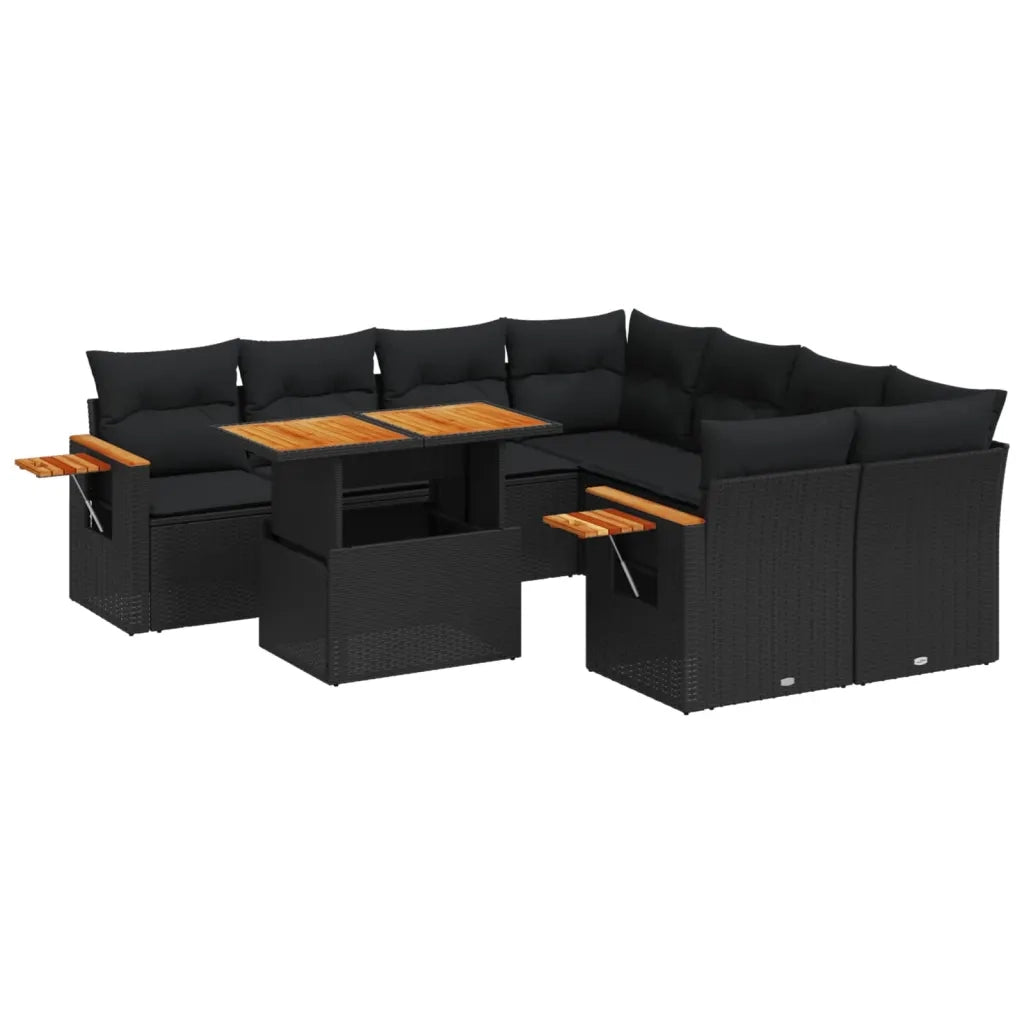 Set Divani da Giardino 9 pz con Cuscini Nero in Polyrattan