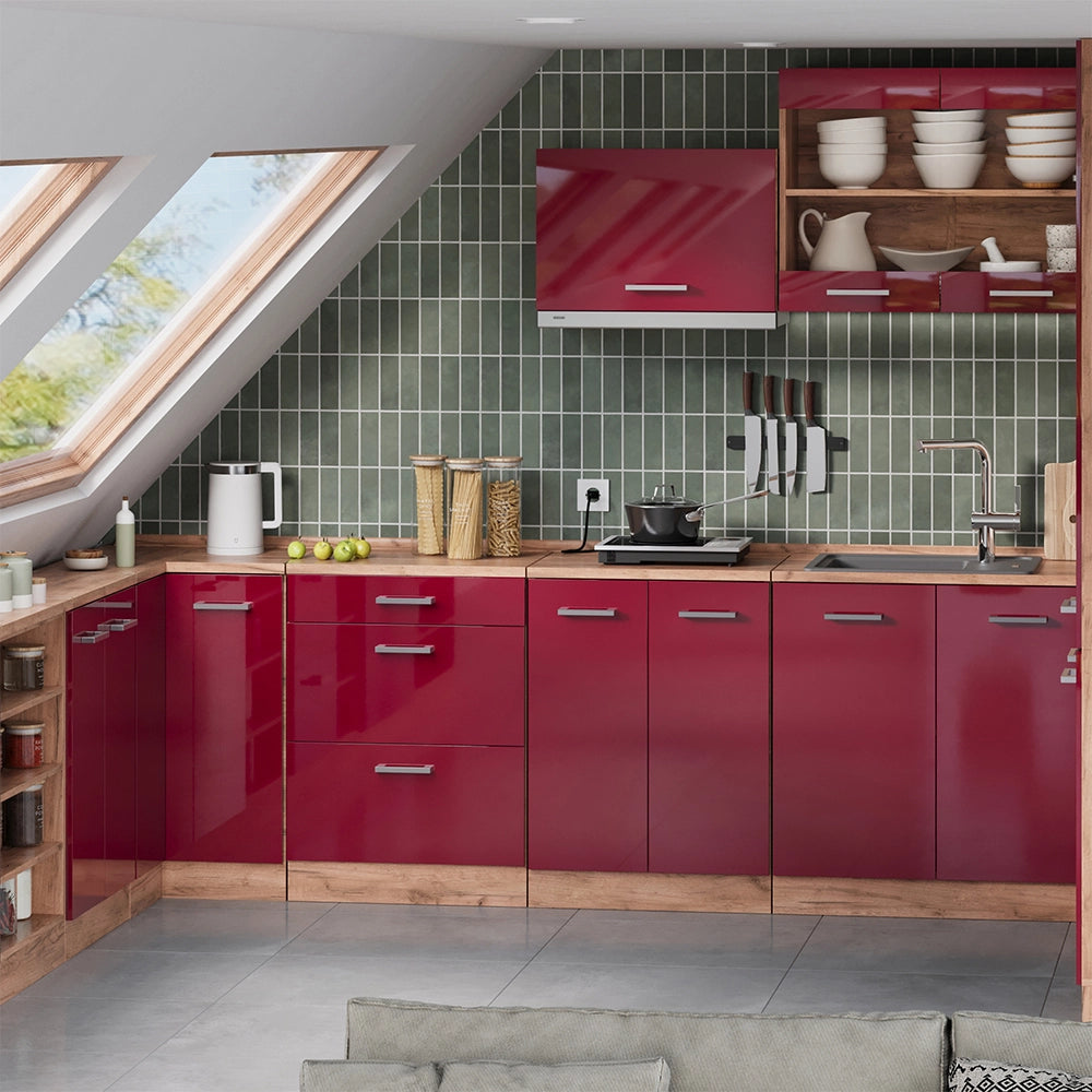 Mobile cucina sottotetto R-Line Rosso lucido/Rovere dorato 80 cm senza inclinazione con 2 ante Vicco