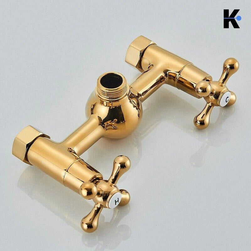 NALA | Set doccia a pioggia vintage in acciaio inossidabile lucido oro | Sistema doccia con rubinetto dal design retrò | Miscelatore doccia completo