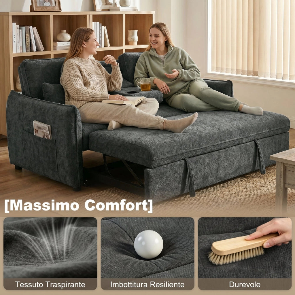 Divano Letto 2 Posti con Schienale Regolabile ¨C Zephmum ¨C Grigio Scuro in Ciniglia