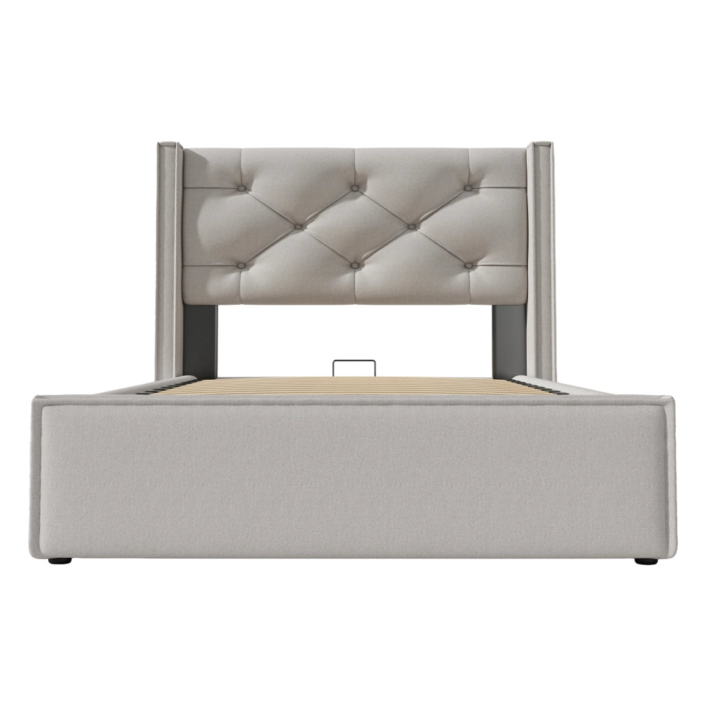 Letto Singolo 90x200 Grigio Chiaro con Contenitore Idraulico; Testiera Imbottita e Rete a Doghe