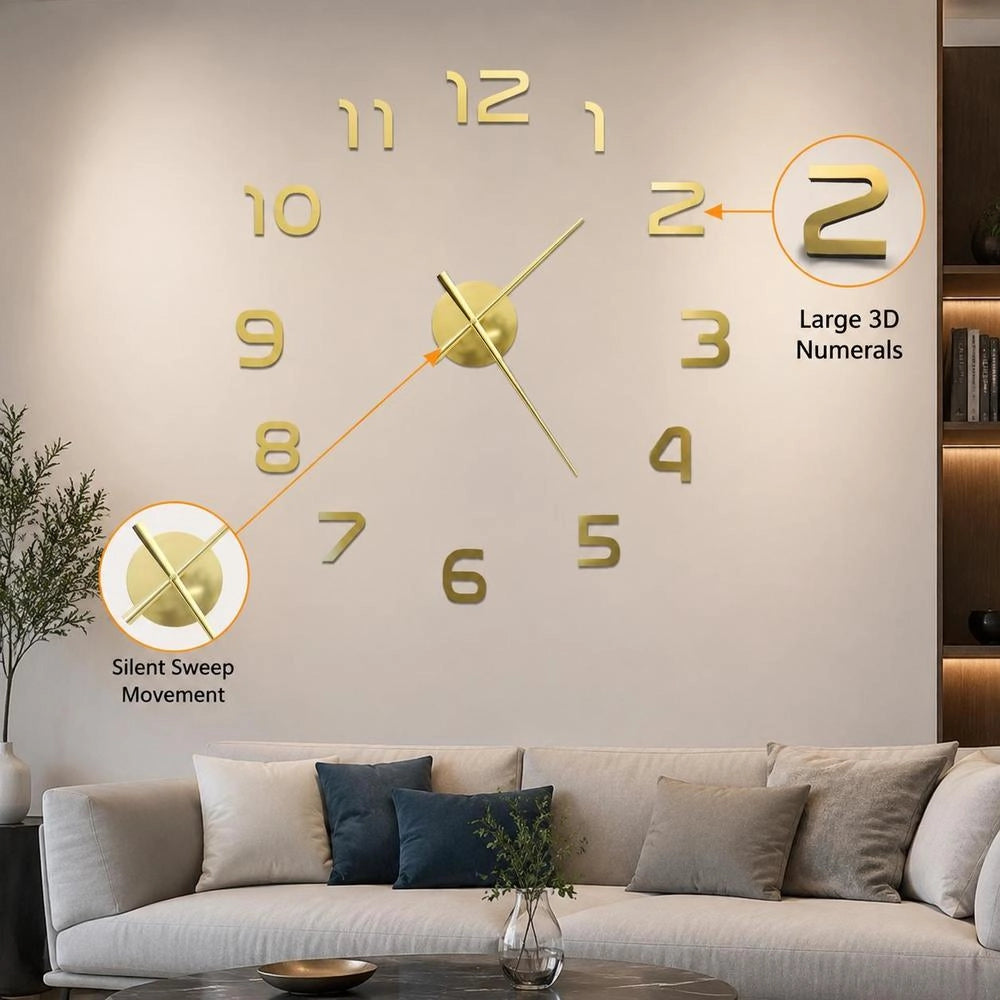 3D Wall Clock, Modern Design, 100 Cm XXL, Golden