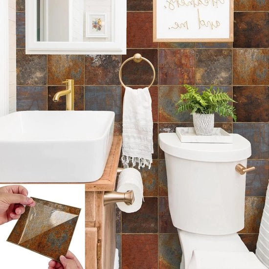 Tegelstickers autoadesivi - 10 pezzi - effetto ruggine - per cucina e bagno - 15 cm - 6 mm spessore - scalinata e camino - decorazione murale - staccare e applicare - trasferimenti - parete in tegolo - 15 cm