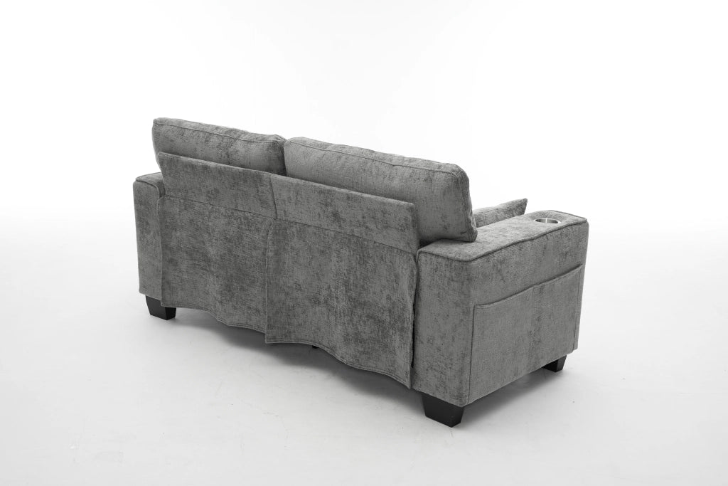 Divano 2 posti 182 cm in ciniglia grigio scuro con portabicchieri e tasche laterali
