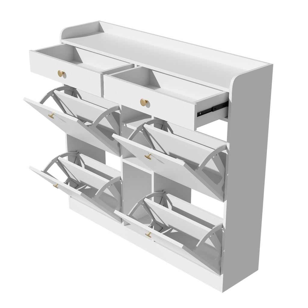 OKWISH Scarpiera con 4 Ante a Ribalta, 2 Cassetti e 3 Vani Aperti, per Ingresso, in Pannelli Truciolari, Bianco, 110×26×100 cm