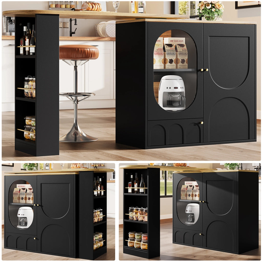 Carrello da Cucina con 3 Ante e Piano Girevole a 360°; Portasciugamani e Portaspezie; in MDF e Metallo; Nero; 138x39x105 cm