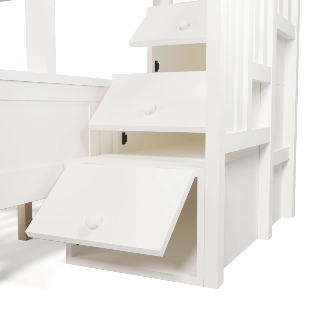 Letto a castello con armadio scala e cassetti, design elegante a slitta, colore bianco