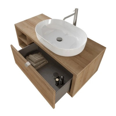 Mobile bagno sospeso 110 cm rovere miele con cassetto e vano a giorno completo di lavabo e specchio Master