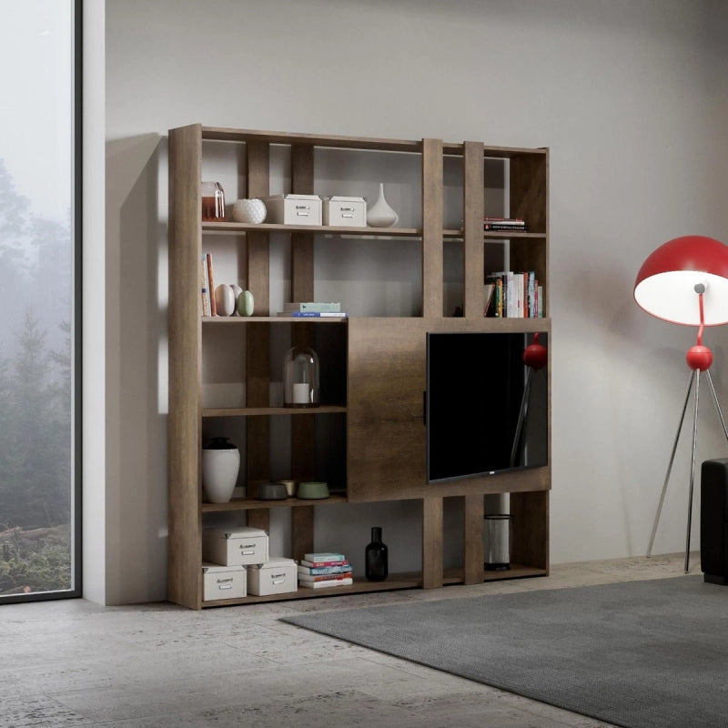 Composizione Libreria Kato 6R 2 fianchi 2 fasce lunghe 2 fasce corte 2 fasce medie pannello TV - Noce,H