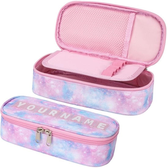 Etui per bambine - Grande etui per bambini, Etui per bambine per la scuola, 2 compartimenti e portapenne all'interno (disegno batik rosa)