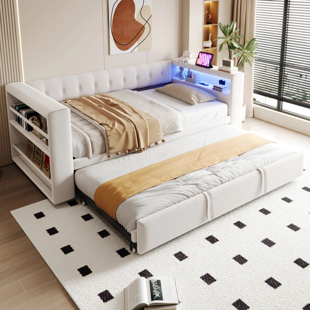 DESMIU Divano letto 90/180 × 190 cm 2 posti con LED, prese e vani portaoggetti, senza materasso, beige