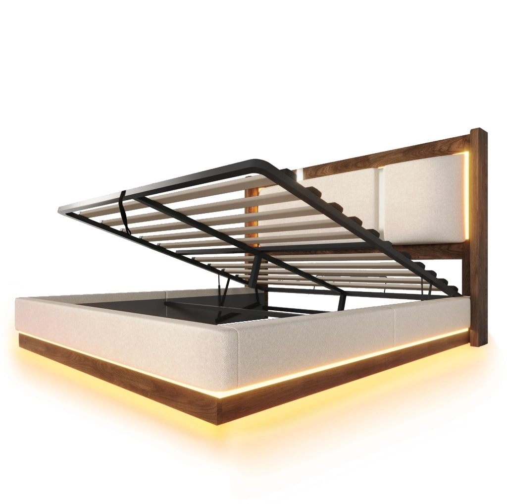 Letto matrimoniale 140x200 cm con contenitore; LED e testiera imbottita in lino beige e noce
