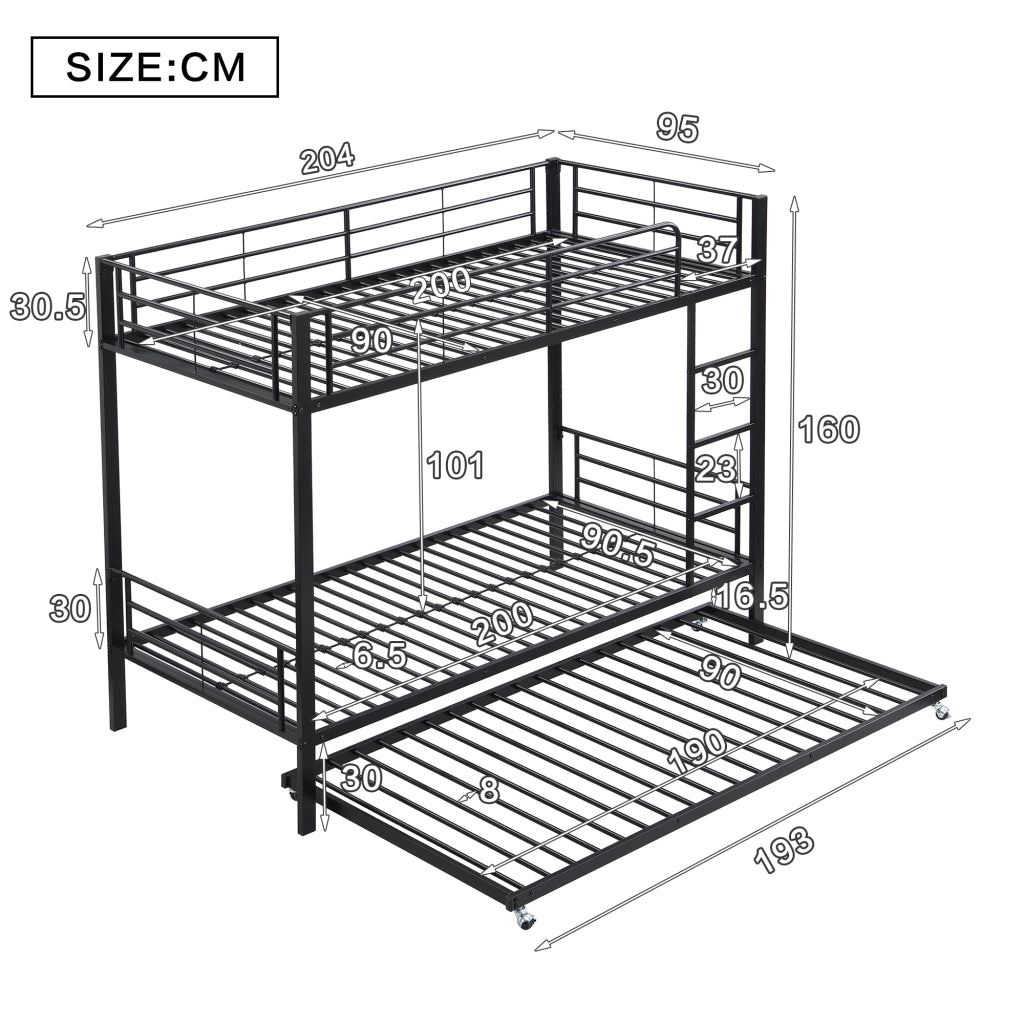 Letto a castello 90 × 200 cm e 90 × 190 cm con letto estraibile, senza materasso, in metallo, nero