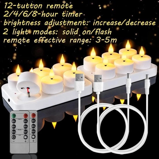 12 luce da tavolo ricaricabili con stazione di ricarica e timer - luce da tavolo led - candele fumanti a distanza con timer - ideale per l'uso domestico - Halloween - Ognissanti - Natale - decorazione di festa