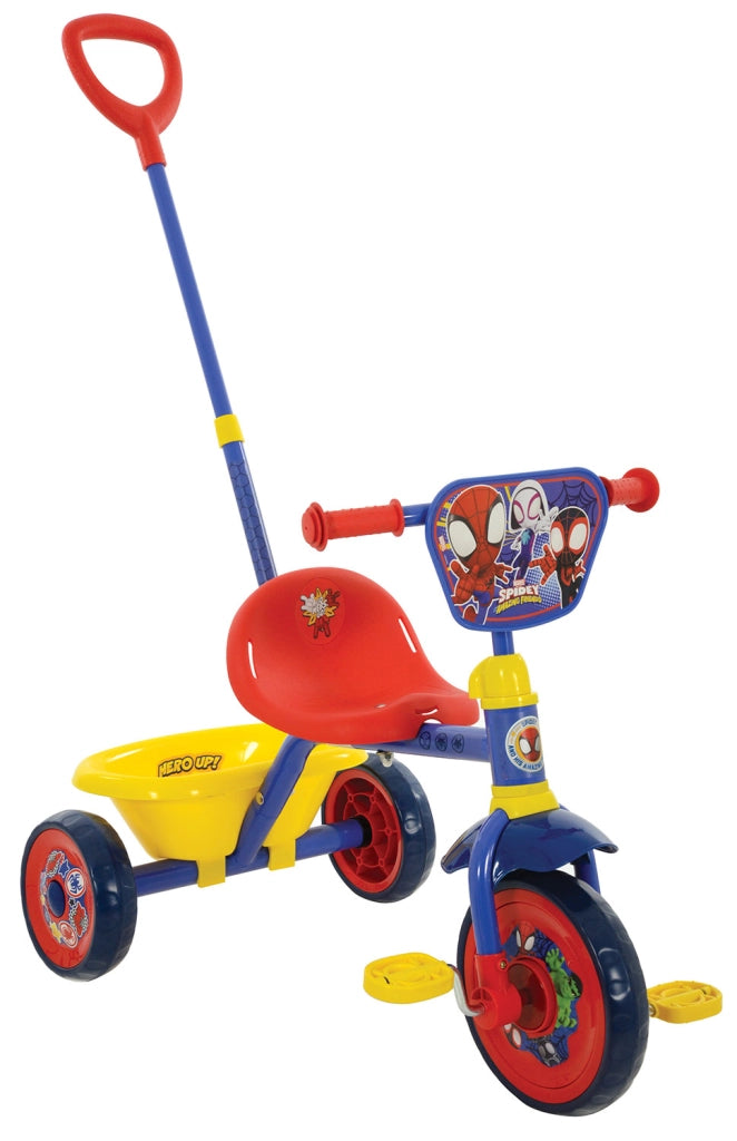 Triciclo a Pedali Primi Passi per Bambini con Maniglione Genitoriale Rimovibile e Vano Contenitore Marvel Spidey Blu