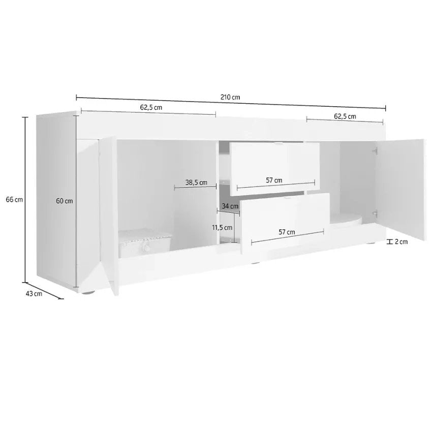 Sinello, Mobile Porta tv 2 Vani, 210x43x65h cm Bianco Lucido