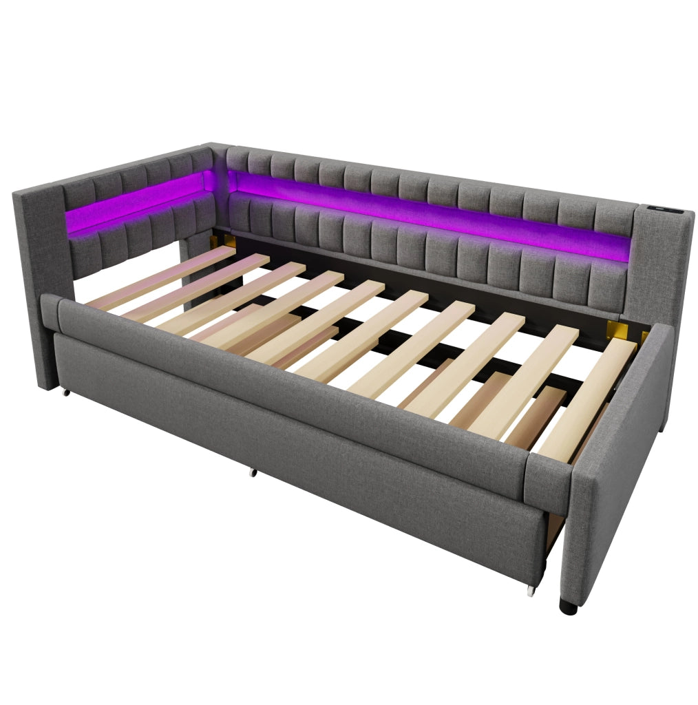 Letto 90x200 cm con letto estraibile; LED e USB Type-C in lino grigio